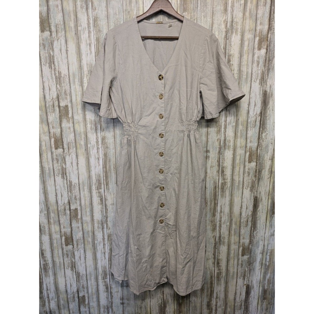 T Tahari Linen Blend Midi Dress Flutter Sleeve Khaki Button Up Shirred Waist 12